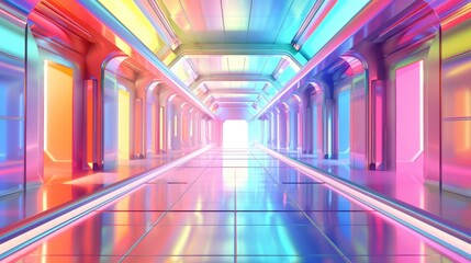 Vast spacecraft hall, bathed in rainbow hues, echoing silence and the promise of adventure, captured in a still moment , 3D illustration - obrazy, fototapety, plakaty