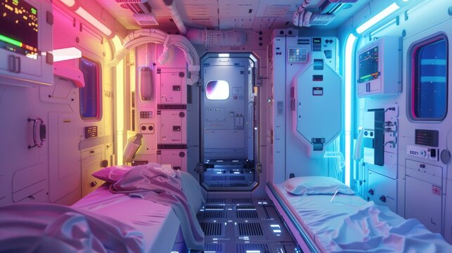 Abandoned crew quarters in a spacecraft, each personal item touched by a spectrum of rainbow light , 3D illustration