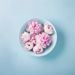 Collection of light pink peonies arranged in a white ceramic plate on pastel blue background. Copy space for text.