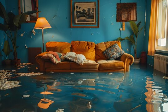 A flooded living room with a damaged couch due to burst plumbing likely caused by heavy rain or a storm. Concept Flood Damage, Burst Plumbing, Heavy Rain, Storm Damage, Damaged Couch