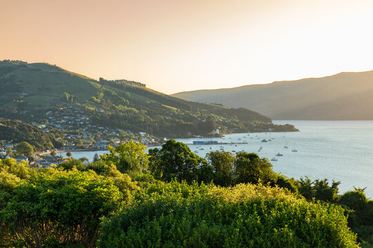 The picturesque town of Akaroa on the scenic Banks Peninsula, southeast of Christchurch, New Zealand.