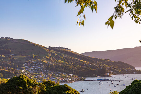 The picturesque town of Akaroa on the scenic Banks Peninsula, southeast of Christchurch, New Zealand.