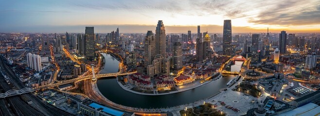 Cityspace of Tianjin with its beautiful skyscrapers during the sunrise in China