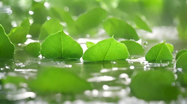 The Serene Beauty of Green Leaves Falling into Water