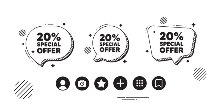 20 percent discount offer tag. Speech bubble offer icons. Sale price promo sign. Special offer symbol. Discount chat text box. Social media icons. Speech bubble text balloon. Vector