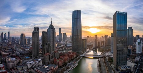Cityspace of Tianjin with its beautiful skyscrapers during the sunset in China