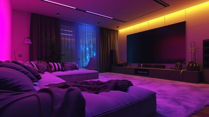 Home cinema living room with colored LED light - obrazy, fototapety, plakaty