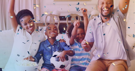 Image of falling confetti over happy african american family - Powered by Adobe