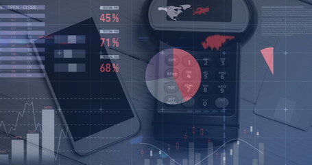 Image of graphs over smartphone with copy space and payment terminal