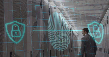 Biometric fingerprint scanner and security padlock icon over caucasian male engineer in server room