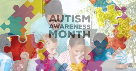 Image of colorful puzzles and autism awareness month over caucasian man and diverse children