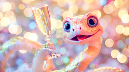 A cute smiling cartoon pink snake with expressive eyes holding a Champagne glass with its tail on bokeh lights. Symbol of the 2025 New year funny snake illustration for calendar, greeting card design