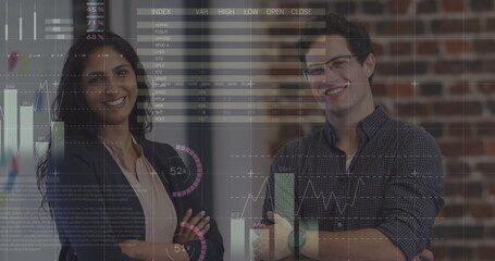 Statistical data processing over diverse male and female office colleagues smiling at office