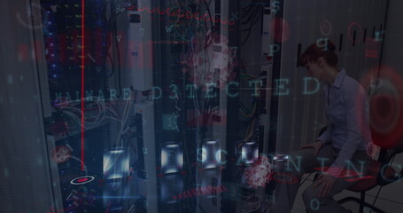 Image of data processing over caucasian female worker in server room