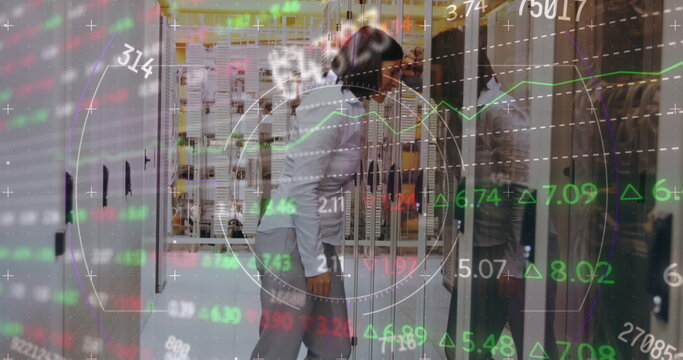 Stock market data processing over stressed caucasian female engineer at server room