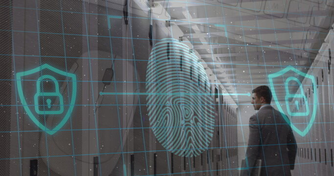 Biometric fingerprint scanner and security padlock icon over caucasian male engineer in server room