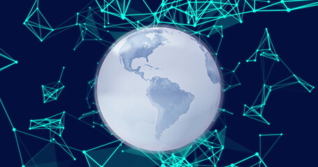 Obraz premium Image of earth revolving and networking graphics in background