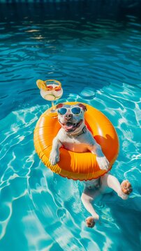 A dog in sunglasses lounges in a pool on an inflatable ring with cocktails, exuding contentment and humor