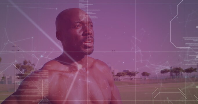 Fototapeta Image of network of connections over african american fit man taking a break from working out