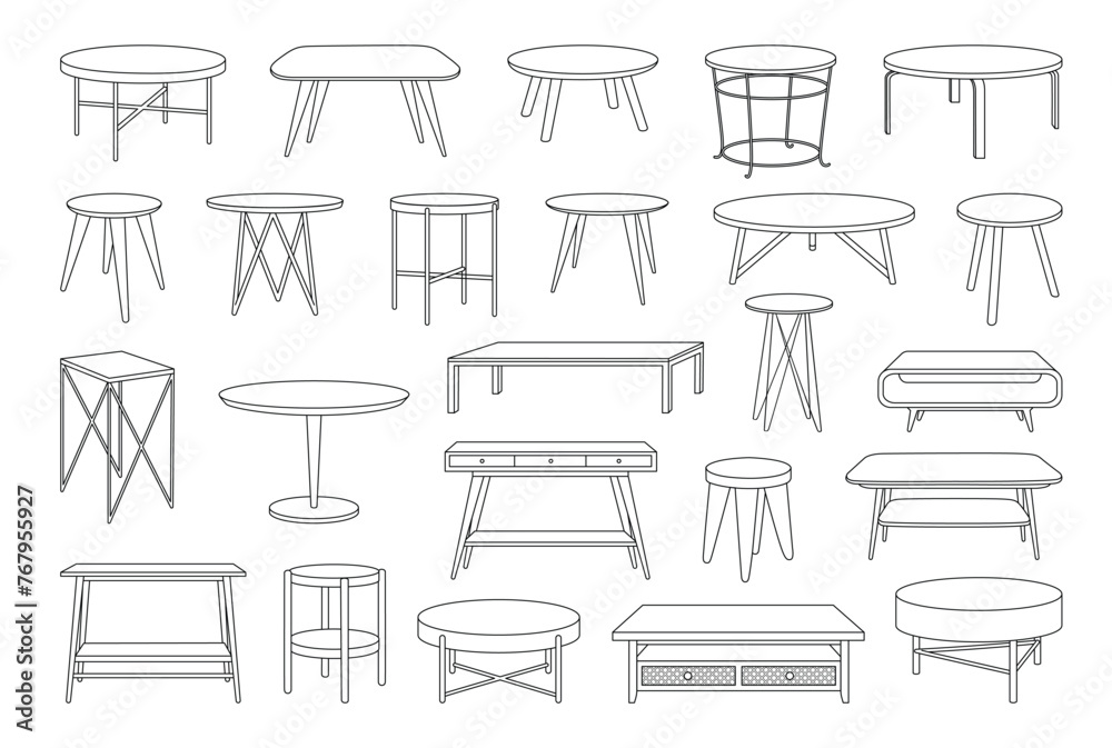 Wall mural Coffee tables outline icon set. Line art tables for living room decor. Trendy linear sketches of round and rectangular tables. Outline monochrome vector illustration isolated on white background.