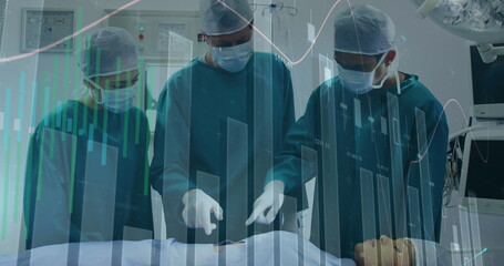 Image of statistical data processing over team of surgeons performing operation at hospital