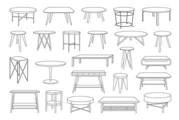 Coffee tables outline icon set. Line art tables for living room decor. Trendy linear sketches of round and rectangular tables. Outline monochrome vector illustration isolated on white background.