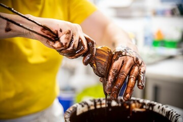 someone's hand is dripping chocolate into a small bowl