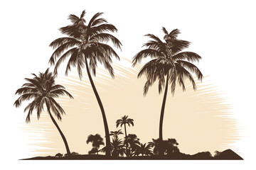 Black and wite silhouettes of tropical pal trees isolated on transparent background png. - obrazy, fototapety, plakaty