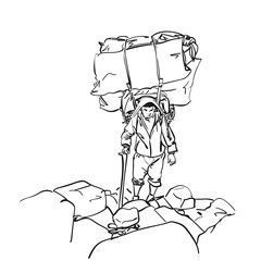 Porter in nepal is carrying extremely big load in traditional way with strap on his forehead, Hand drawn illustration, Vector sketch