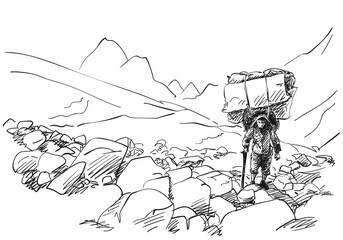 Nepali porter carries an extremely large load on his head in the high mountains in a traditional way, hand drawn illustration, vector sketch, Hard working people