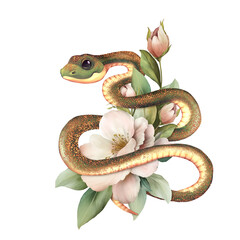 Twisted Snake and flowers. Serpent with flowers and leaves. Floral illustration