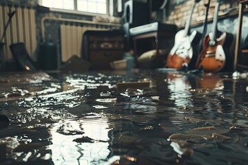A flooded basement with waterlogged possessions showcasing the emotional impact of property damage. Concept Property Damage, Flooded Basement, Emotional Impact, Waterlogged Possessions