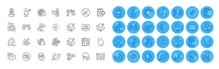 No vaccine, Health app and Cholecalciferol line icons pack. Dont touch, Stay home, Patient web icon. Intestine, Coronavirus report, Not looking pictogram. Nurse, People vaccination, Nasal test. Vector - obrazy, fototapety, plakaty