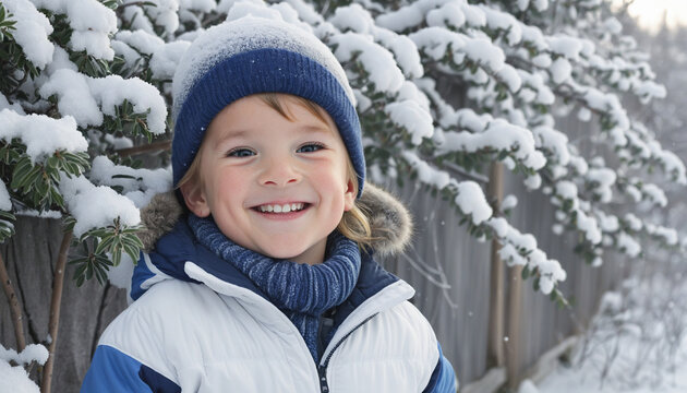 Child smiling in the garden of his home in winter making a snowman colorful background