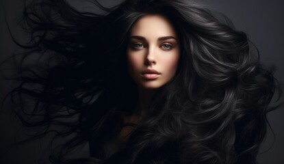 Fototapeta premium Portrait of elegant stylish young woman with long dark curly healthy shiny hair and makeup on grey banner background. Generative AI.