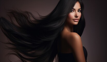 Naklejka premium Portrait of elegant stylish young woman with long dark curly healthy shiny hair and makeup on grey banner background. Generative AI.