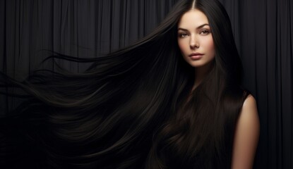Fototapeta premium Portrait of elegant stylish young woman with long dark curly healthy shiny hair and makeup on grey banner background. Generative AI.