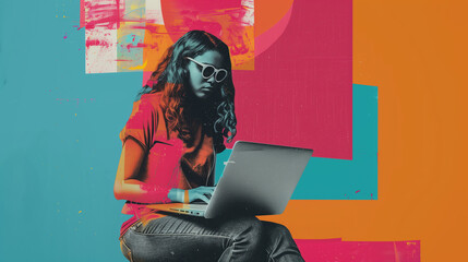 Vintage Cutout Style Image - Young Woman Studying/Working on Laptop - Education, Remote Work, and Tech Marketing advertising illustration