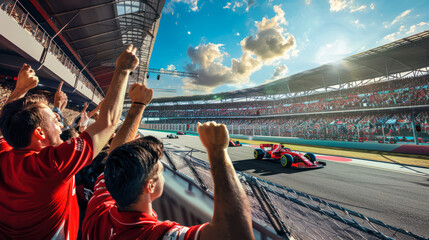 Sports fans lift the spirits. Formula 1 racing cars during competition. men raises their hands in jubilation. F1 fans celebrating victory of the pilot. Sport fans cheering up racers during competition - obrazy, fototapety, plakaty