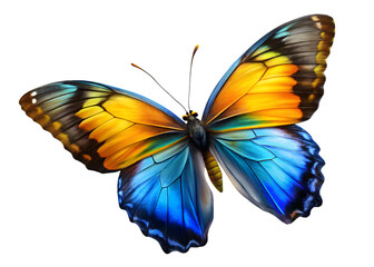 Very beautiful blue yellow orange butterfly in flight isolated on a transparent background