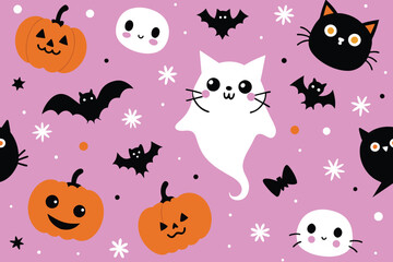 Halloween seamless pattern. Vector illustration of cute ghost cats, pumpkins, spiders and bats on a pink background. Vector cartoon seamless pattern