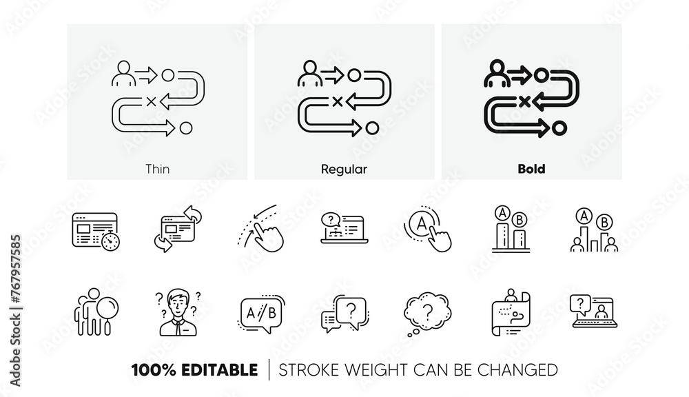 Poster ab testing, journey path map and question mark. ux line icons. quiz test linear icon set. line icons