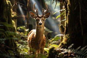 Majestic deer in the forest under the sun., generative IA