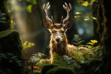 Majestic deer in the forest landscape., generative IA - obrazy, fototapety, plakaty