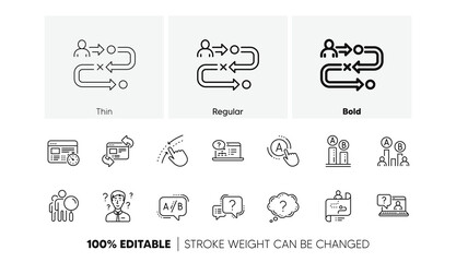 AB testing, Journey path map and Question mark. UX line icons. Quiz test linear icon set. Line icons set. Vector