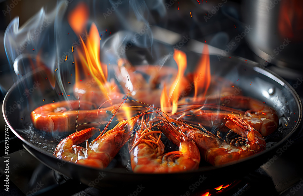 Wall mural Prawns are fried in pan on fire