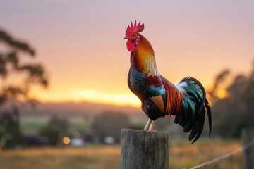 Majestic Rooster at Sunrise, Easter time, Spring is coming,  Cute design - obrazy, fototapety, plakaty