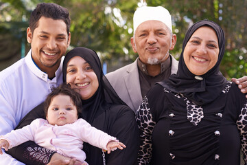 Islamic, family and man with woman , portrait and outdoor with baby, grandparents and smile in...
