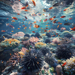 Fototapeta na wymiar Fish in a coral reef with corals and fish