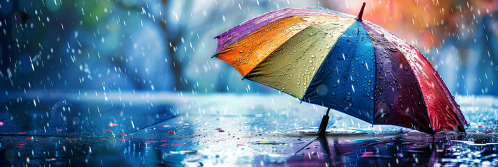 rainbow umbrella in the rain with lightning on blurred background, Rain On Umbrella, empty space for text, banner	
